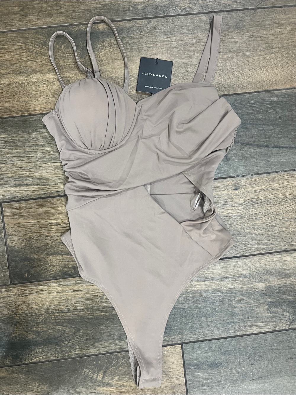 JLUXLABEL Neutral Taupe Ruched One-Piece bodysuit NWT!!!